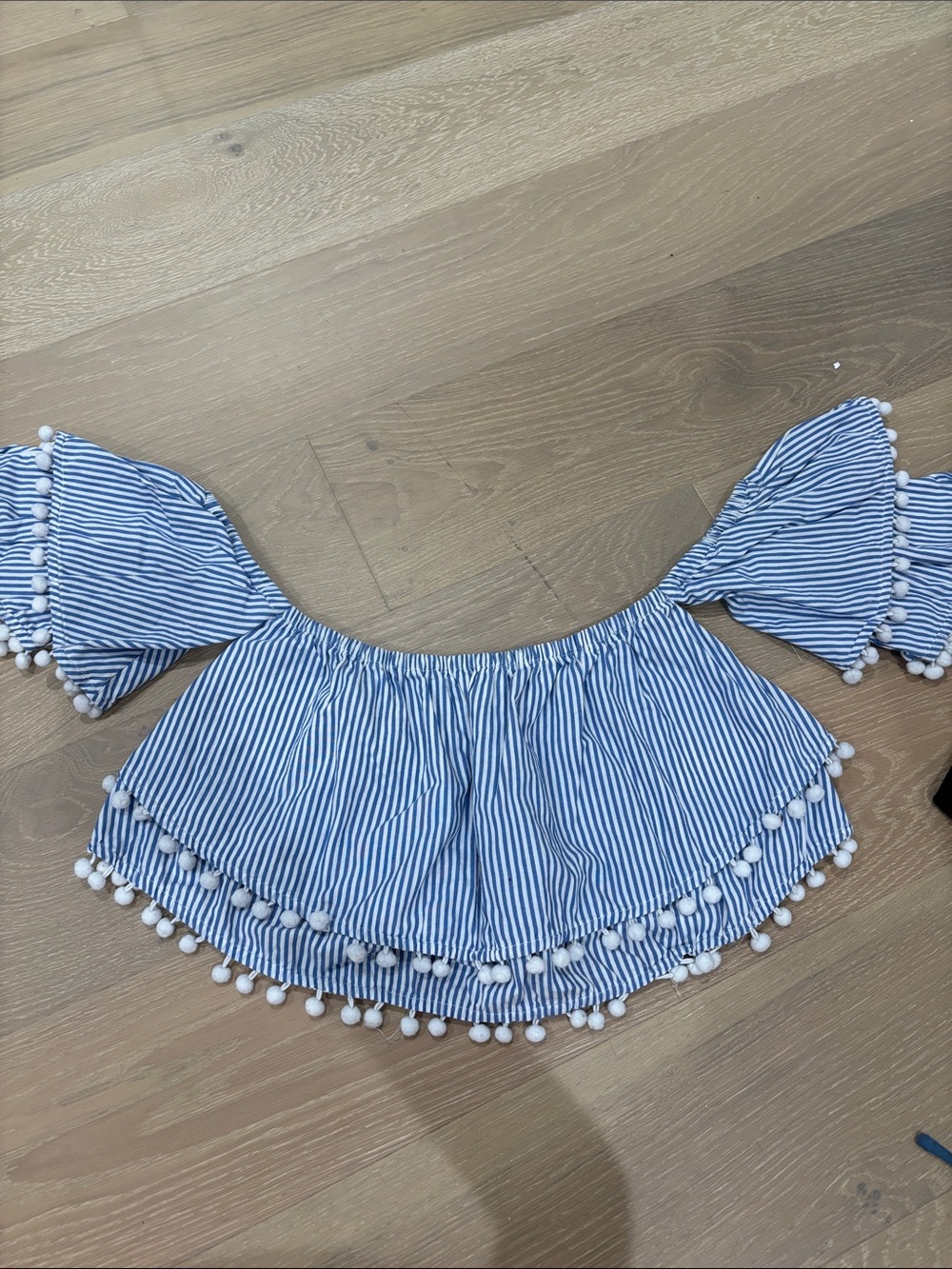 Blue Stripe Pom-Pom Off-Shoulder Top